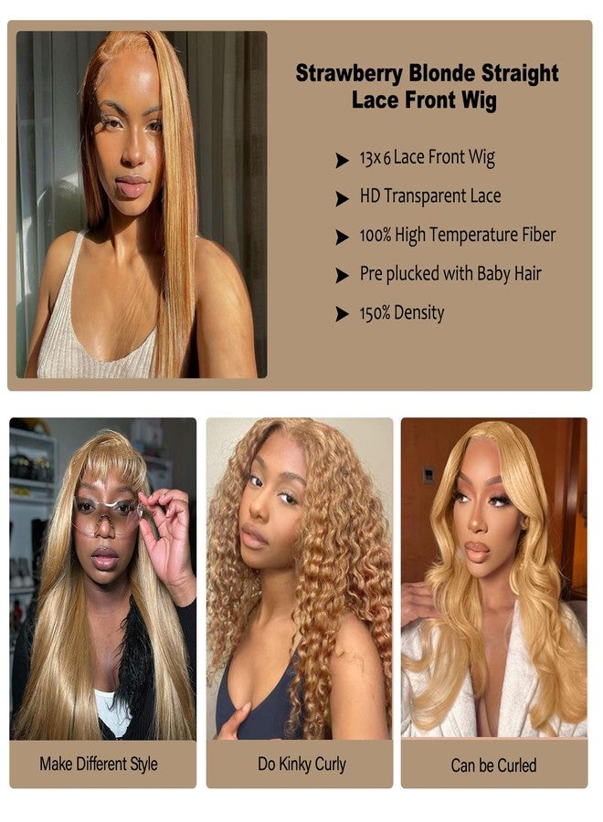SOKU 13x6 Strawberry Honey Blonde Lace Front Wigs,32 Inch Long Straight Synthetic Hair with Pre Plucked Hairline,Free Part Silky Straight Glueless Lace Frontal Wig for Women Beginner Friendly - Image 4